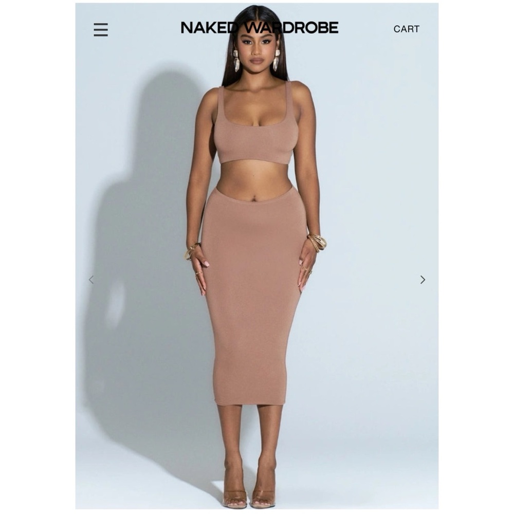 NWT Naked Wardrobe Matching Set NW Tank Midi Skirt Set Ribbed Tan Brown Dress
